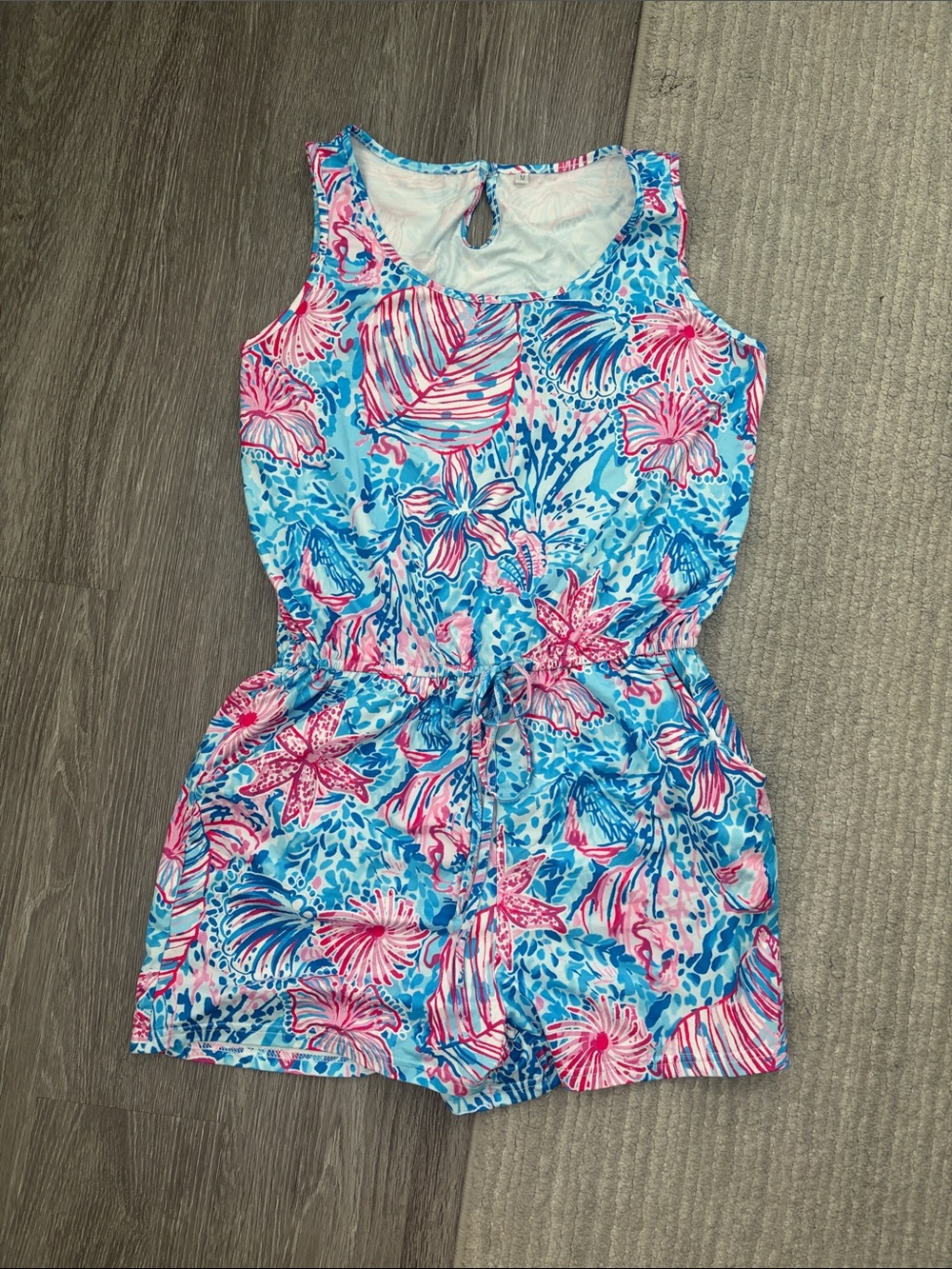 Tropical Print Sleeveless Romper - Pink & Blue